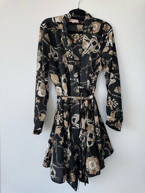 Club L London Black Dress with Gold & Cream Chain Print
